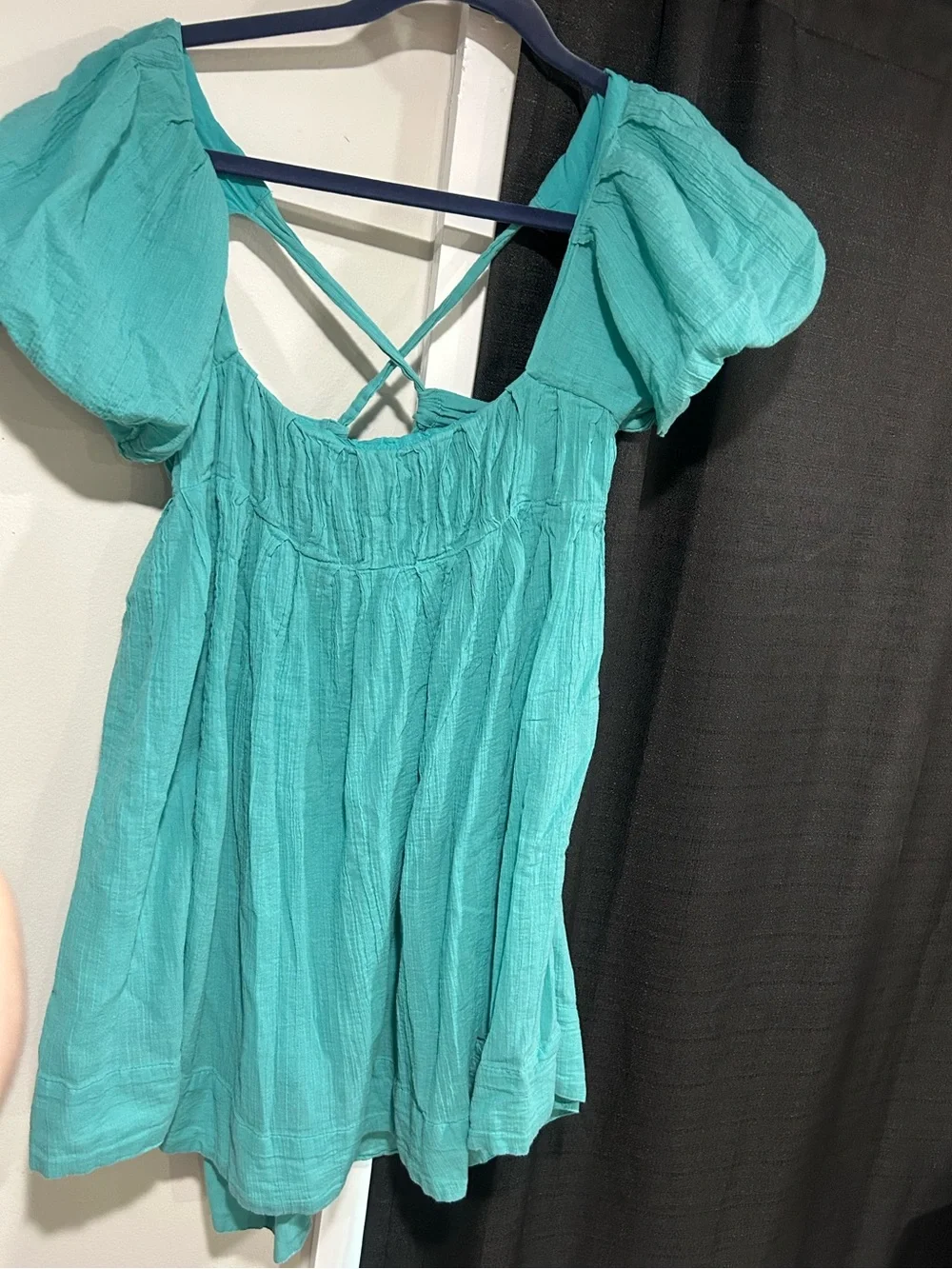 Free People Marina Dress in Aqua - Puff-Sleeve Square-Neck Mini Dress